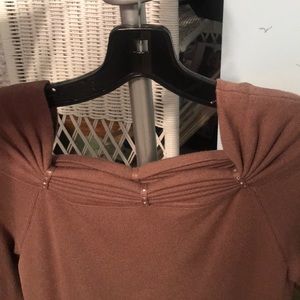 BCBG taupe brown top- rhinestone and pleats detail